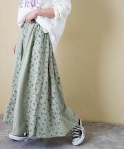 ソフトツイル 総柄 プリント 切替 ギャザースカート