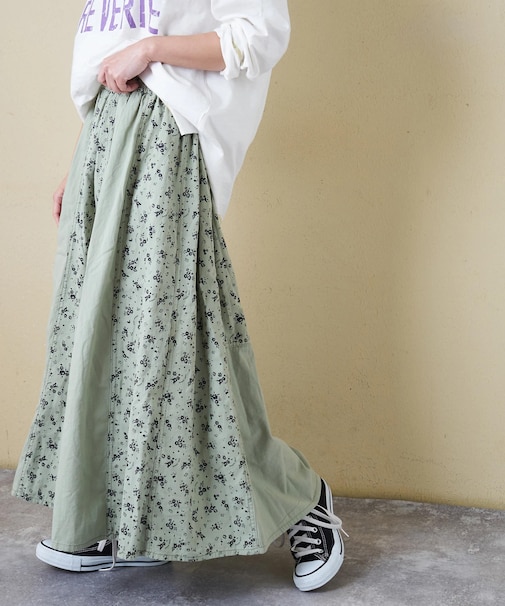 ソフトツイル 総柄 プリント 切替 ギャザースカート