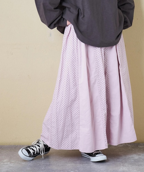 ソフトツイル 総柄 プリント 切替 ギャザースカート