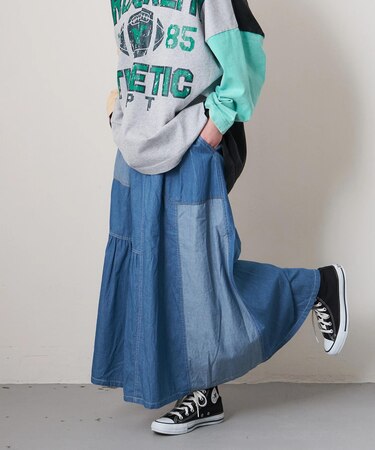 ライトデニム 切替 ギャザースカート