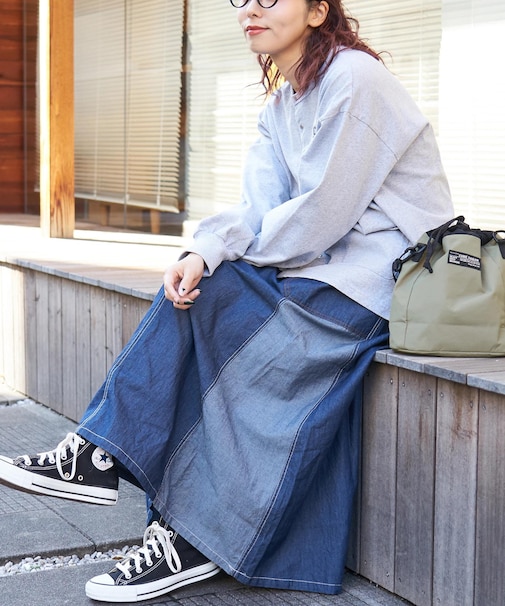 ライトデニム 切替 ギャザースカート
