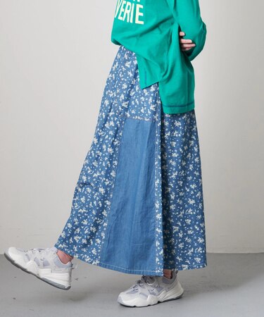 ライトデニム 抜染プリント 切替 ギャザースカート