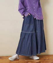 ライトデニム 抜染プリント 切替 ギャザースカート