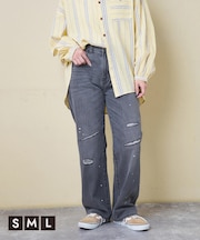 10オンス デニム ダメージ ストレート パンツ