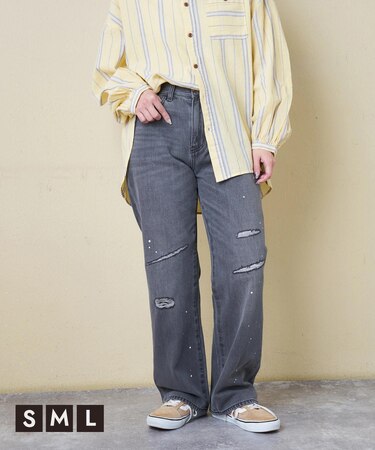 10オンス デニム ダメージ ストレート パンツ