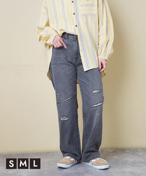 10オンス デニム ダメージ ストレート パンツ