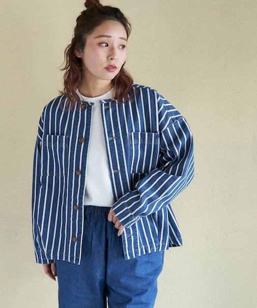 ヒッコリー ノーカラー バルーン ジャケット