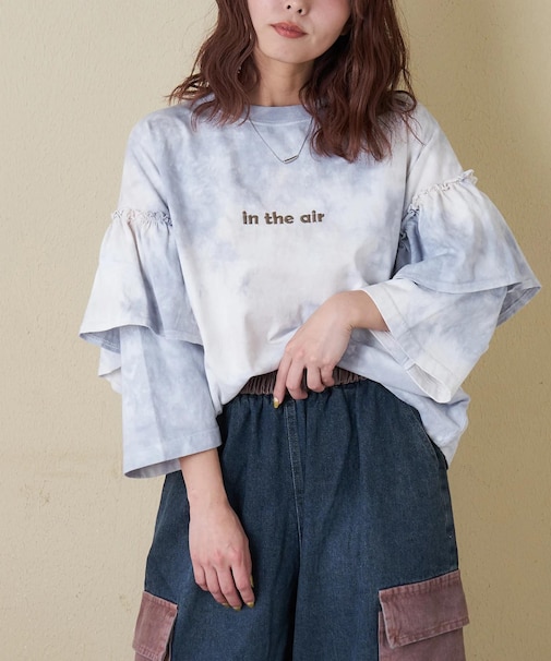 16/-OE天竺 タイダイ フリルスリーブ プルオーバー