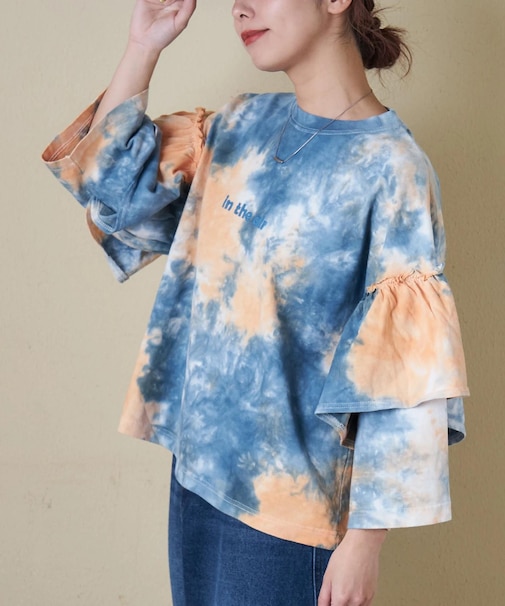 16/-OE天竺 タイダイ フリルスリーブ プルオーバー