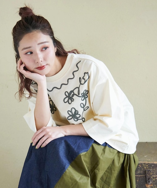 16/-OE天竺 コード刺繍 7分袖 プルオーバー