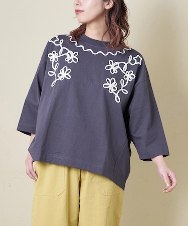 16/-OE天竺 コード刺繍 7分袖 プルオーバー