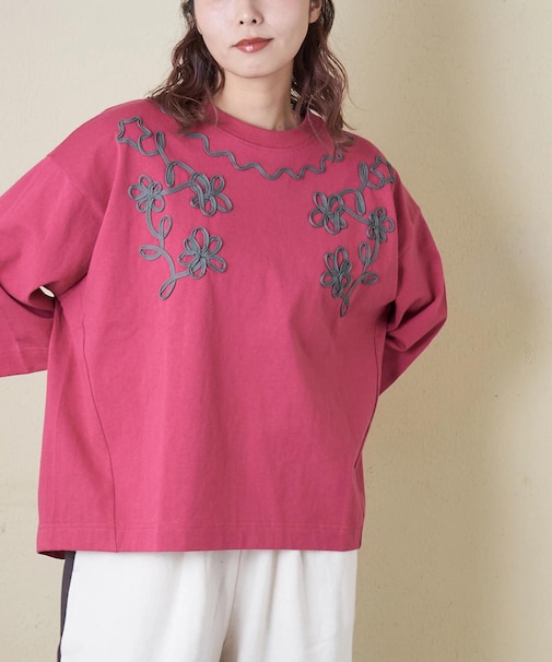 16/-OE天竺 コード刺繍 7分袖 プルオーバー