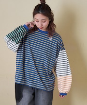 21/-天竺 ランタンスリーブ ボーダー プルオーバー