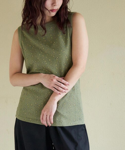 ワッフル 小花柄 プリント タンクトップ