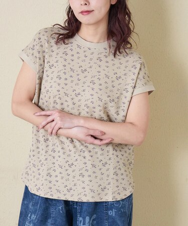 ワッフル 小花柄 プリント フレンチ プルオーバー