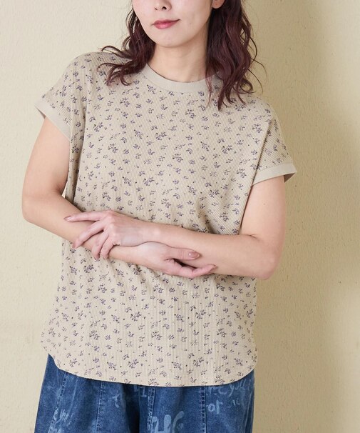 ワッフル 小花柄 プリント フレンチ プルオーバー