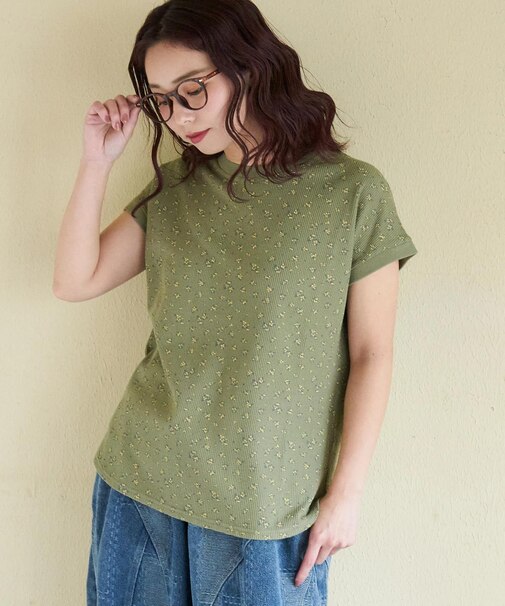 ワッフル 小花柄 プリント フレンチ プルオーバー