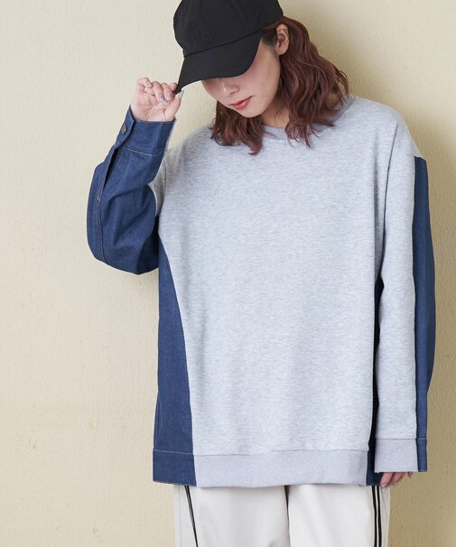 デニム × スウェット 切替 プルオーバー