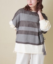 麻タッチ ニット 前後2way ケーブル ベスト