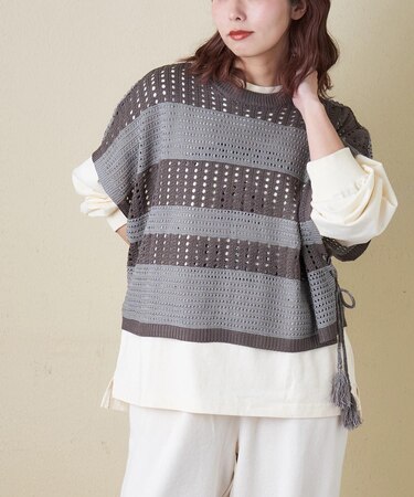 麻タッチ ニット 前後2way ケーブル ベスト