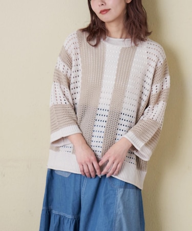 麻タッチ ニット ライン プルオーバー