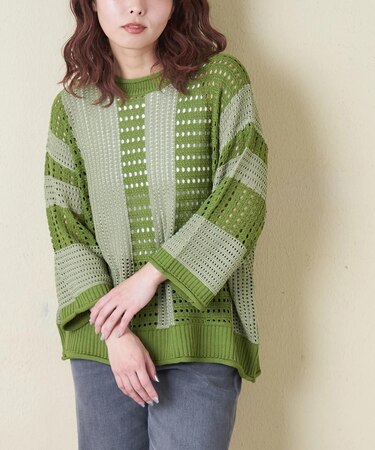 麻タッチ ニット ライン プルオーバー