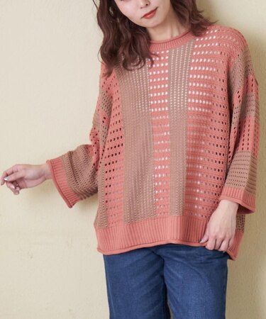 麻タッチ ニット ライン プルオーバー