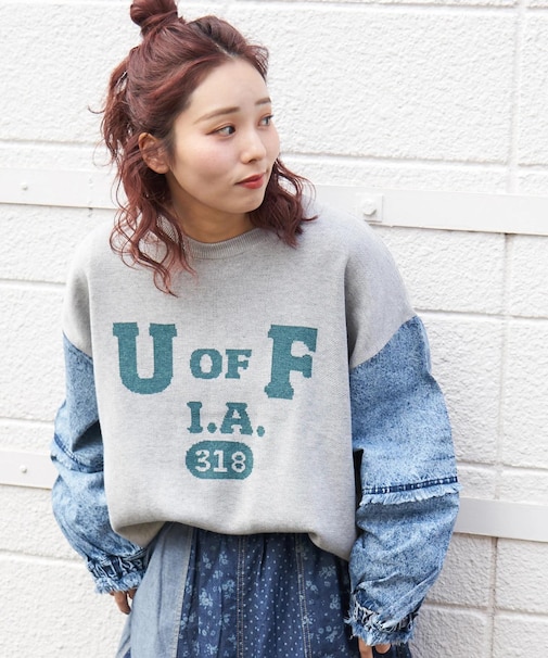 ジャガード ニット × デニム 切替 長袖 プルオーバー