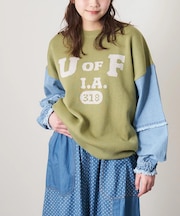 ジャガード ニット × デニム 切替 長袖 プルオーバー