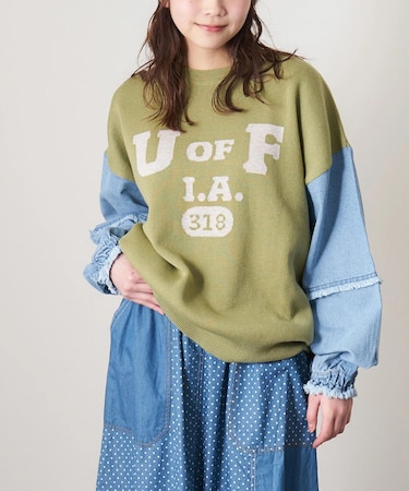 ジャガード ニット × デニム 切替 長袖 プルオーバー