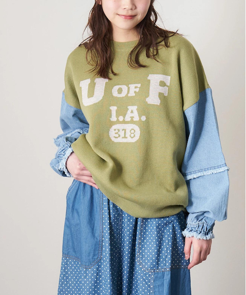 ジャガード ニット × デニム 切替 長袖 プルオーバー