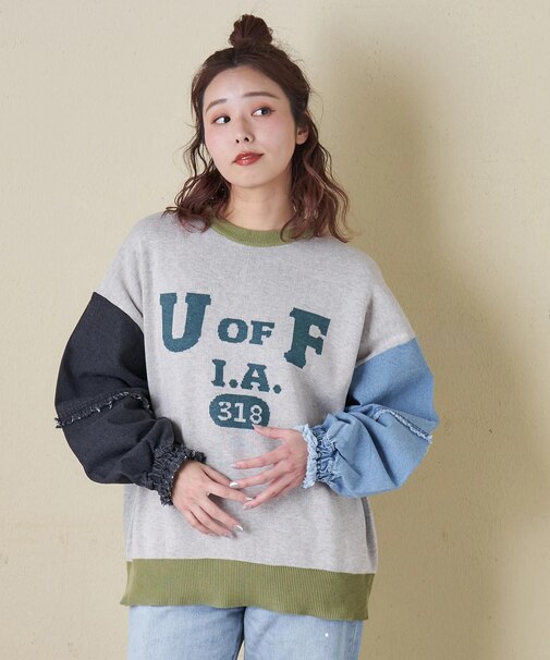 ジャガード ニット × デニム 切替 長袖 プルオーバー