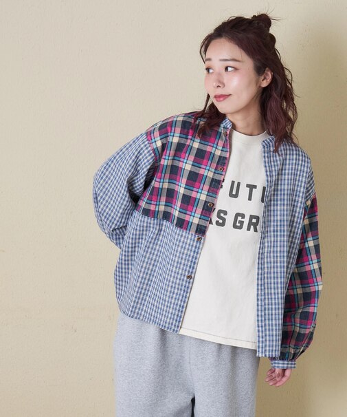 先染めチェック 組合せ アシッド加工 ギャザー バルーン シャツ