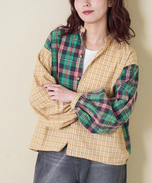 先染めチェック 組合せ アシッド加工 ギャザー バルーン シャツ