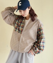 先染めチェック 組合せ アシッド加工 ギャザー バルーン シャツ