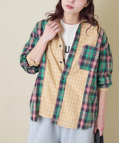 先染めチェック 組合せ アシッド加工 切替 ビッグシャツ
