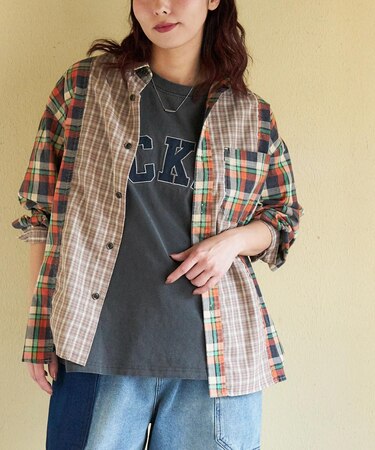 先染めチェック 組合せ アシッド加工 切替 ビッグシャツ