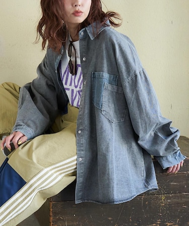 デニム使い ピグメント染 配色 ビッグシャツ