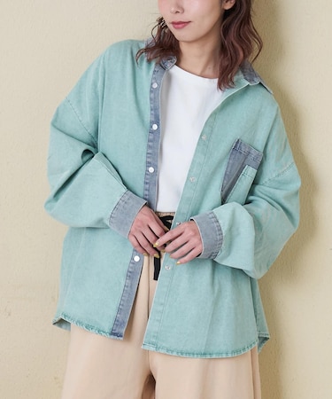 デニム使い ピグメント染 配色 ビッグシャツ