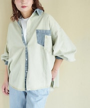 デニム使い ピグメント染 配色 ビッグシャツ