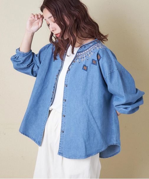 デニム 刺繍 スタンドカラー シャツ