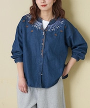 デニム 刺繍 スタンドカラー シャツ