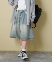 デニム サイド タック ワイド ハーフパンツ