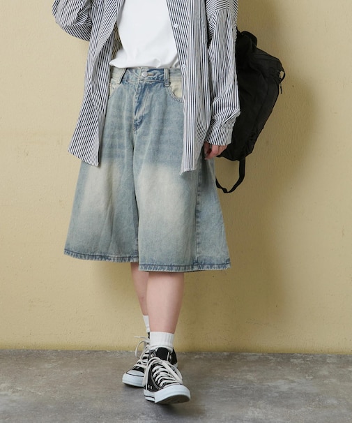 デニム サイド タック ワイド ハーフパンツ