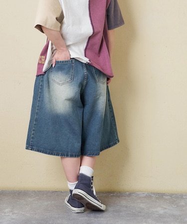 デニム サイド タック ワイド ハーフパンツ