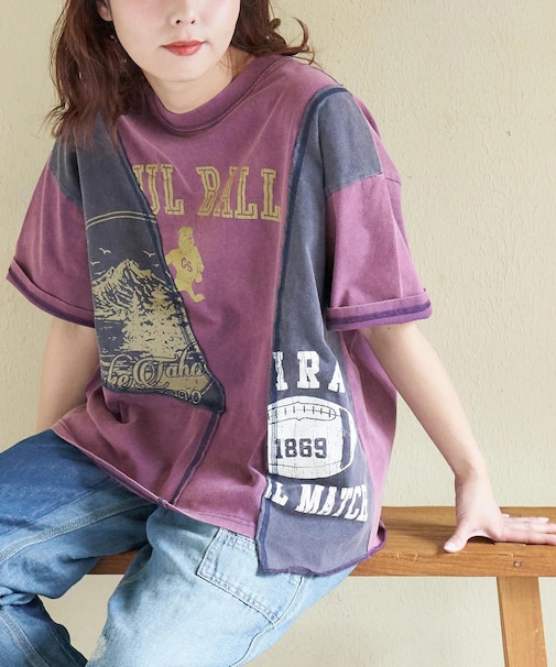 21/-天竺 パウダー加工 リメイク風 切替 Tシャツ