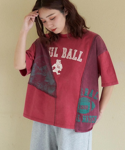 21/-天竺 パウダー加工 リメイク風 切替 Tシャツ