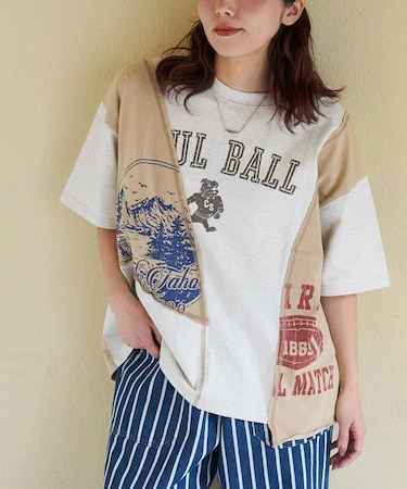 21/-天竺 パウダー加工 リメイク風 切替 Tシャツ