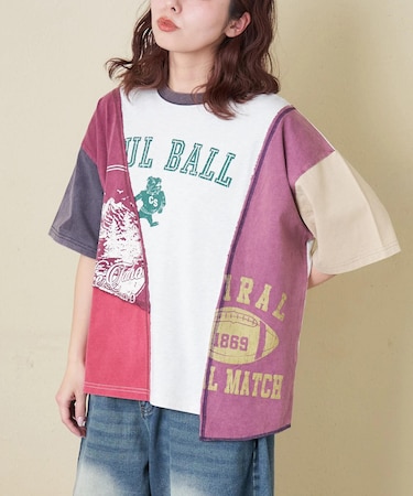 21/-天竺 パウダー加工 リメイク風 切替 Tシャツ