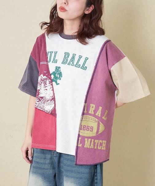 21/-天竺 パウダー加工 リメイク風 切替 Tシャツ